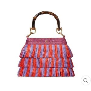 ERIC JAVITS LIL’ MAMBO STRAW BAG IN FIESTA WITH BAMBOO TOP HANDLE AND XBDY STRAP